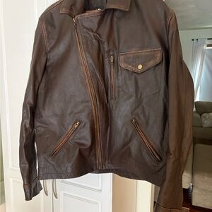 Men's Vintage Brown Genuine Leather Jacket - XL Motorcycle Style Side Zipper